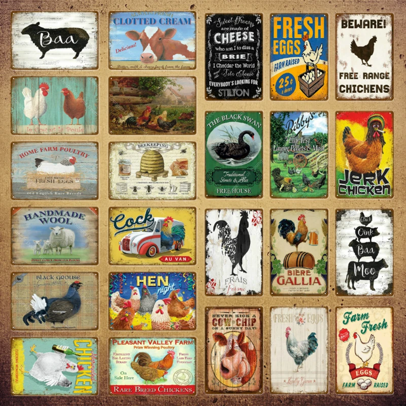 Fresh Eggs Black Grouse Metal Signs Beef Cow Chicken Meat Collection Poster Vintage Wall Painting Craft Farm House Decor YI-164