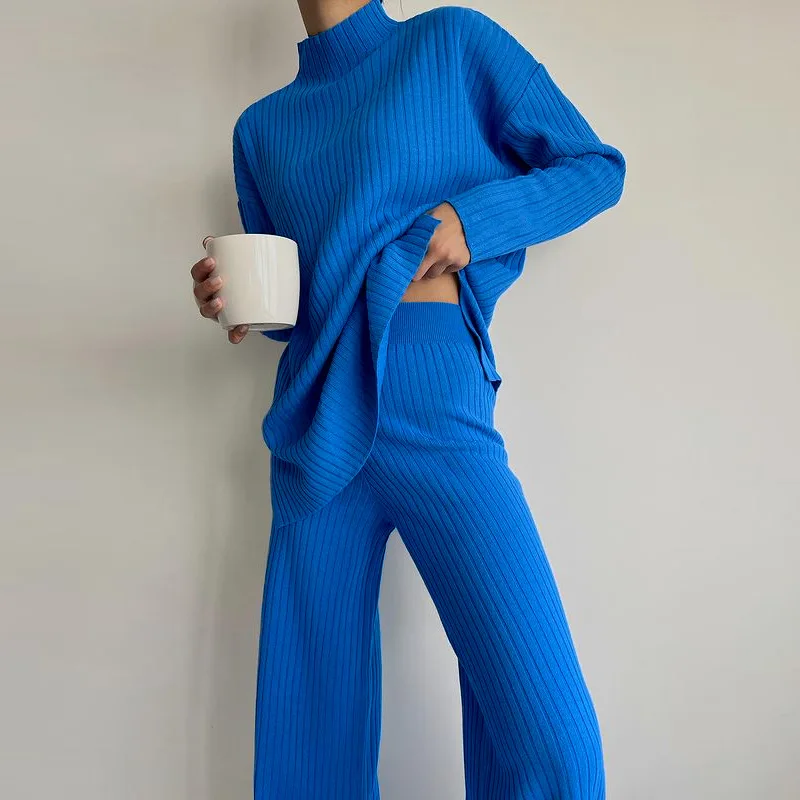 

2021 Solid Color Knitted Sweater Pants Two-piece Set Winter O Neck Long Sleeve Warm Pullover Tops Straight Trousers Leisure Suit