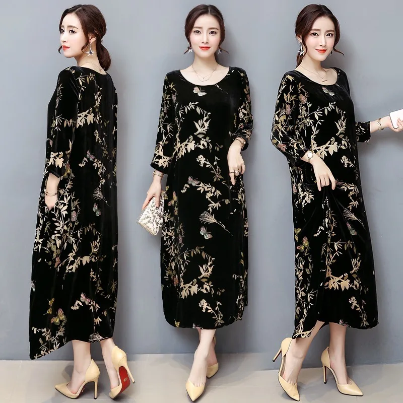 Новинка Осень зима свободные платья с вырезами и принтом женское длинное платье