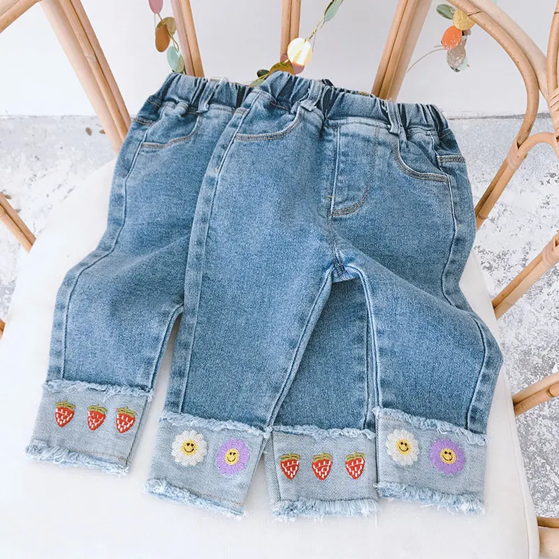 

Children's Jeans 2020 Autumn New Baby Clothes Children's Baby Girls Cartoon Embroidery Jeans Straight Leg Pants Kids Jeans 2-7Y