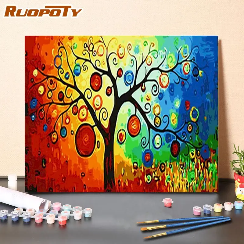 

RUOPOTY Landscape Acrylic Paint By Numbers Abstract Tree Set Oil Painting For Adults DIY Kits Canvas Frame Coloring Picture Deco