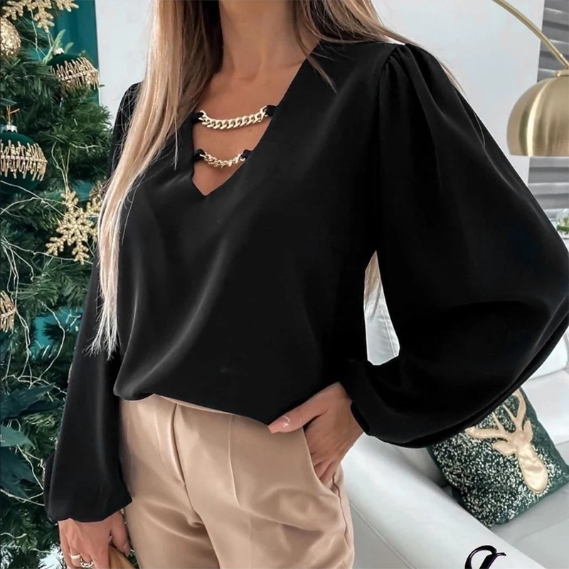 

Elegant Women's Bubble Sleeve Shirt Sexy V-Neck Solid Color Chain Fashion Casual Shirt Spring Autumn Shirt