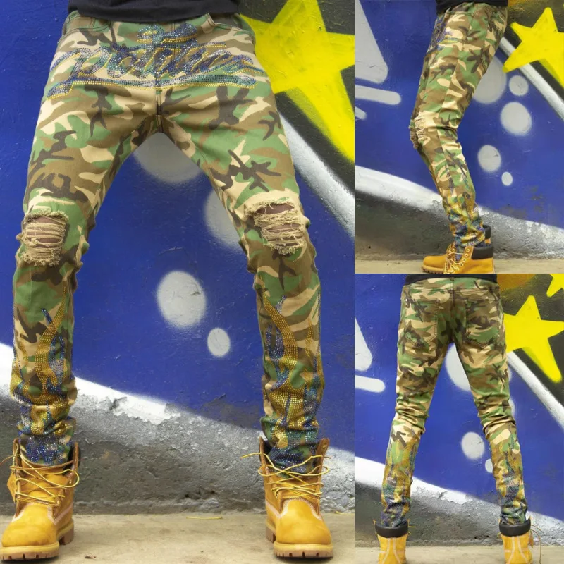 

Pants Men Hole Jeans Fashion Summer Casual Loose Mid Waist Camouflage Hole Zipper Long Pants Male De Moda Denim Trousers
