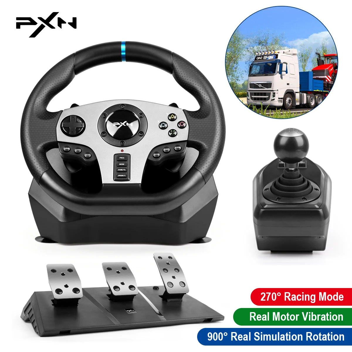 

Gaming Steering Wheel Pedal PXN V9 Pro Gamepad Racing Manual Transmission Vibration For PC/PS/Xbox-One/Switch 900° Degree