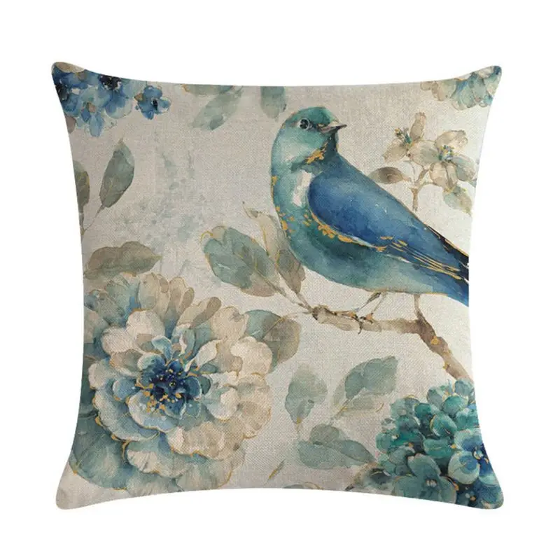 

Oil Painting Blue Flowers&Birds Decorative Pillows Cover For Home Decoration Sofa Throw Pillow Case