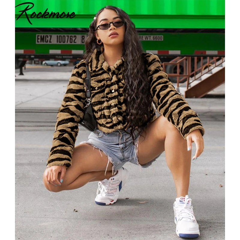 Rockmore Tiger/Полосатые зимние пальто и куртки для женщин; большие размеры; пальто с отложным воротником; Harajuku; уличная одежда; свободная осенняя куртка
