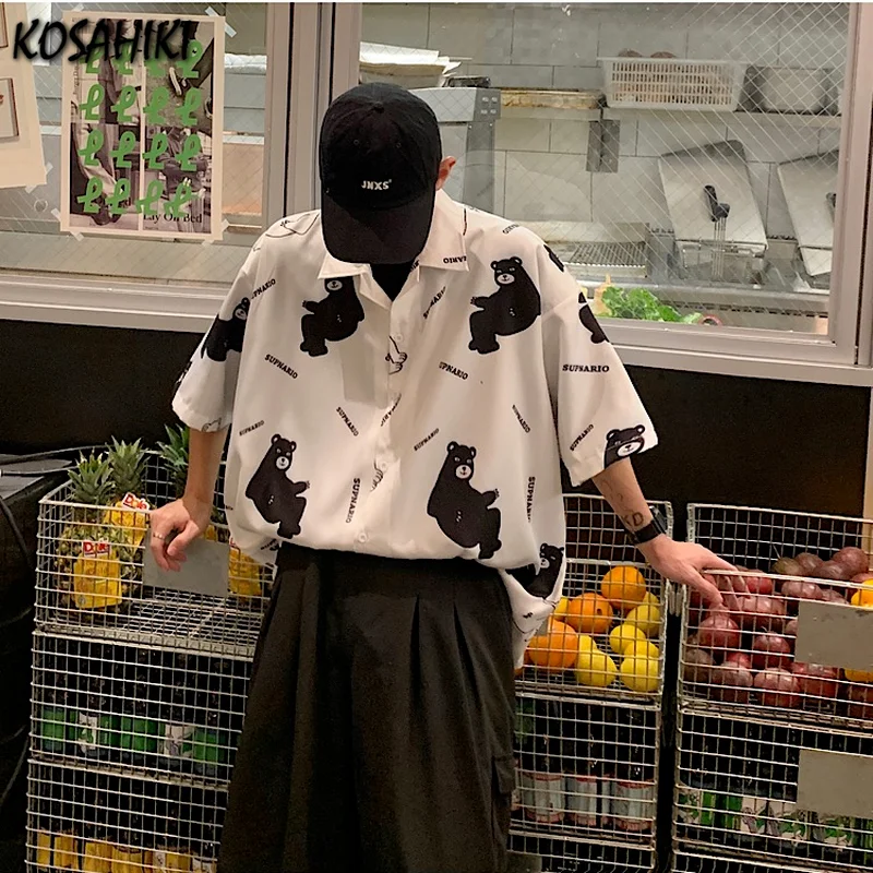 

KOSAHIKI Women Men Blouse Ins Loose Tops Cartoon Bear Print Summer Korean Ins Harajuku Style Shirt Loose Short-sleeved Blusas