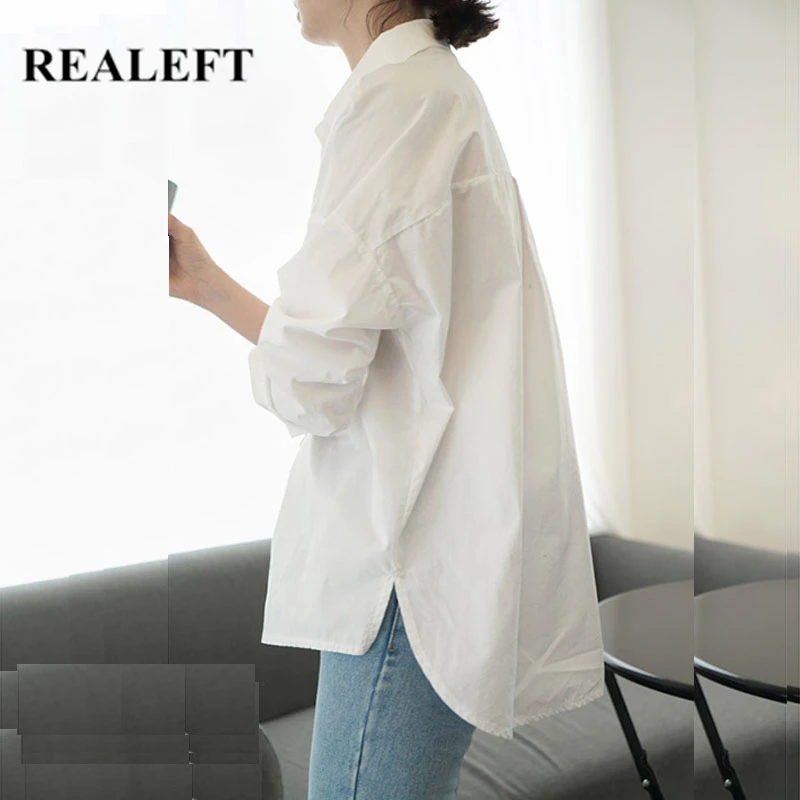 

REALEFT 2021 New Spring White Women's Blouses Single-breasted Loose Female Shirts Tops Korean OL Style Chic Blouse Femme Blusas