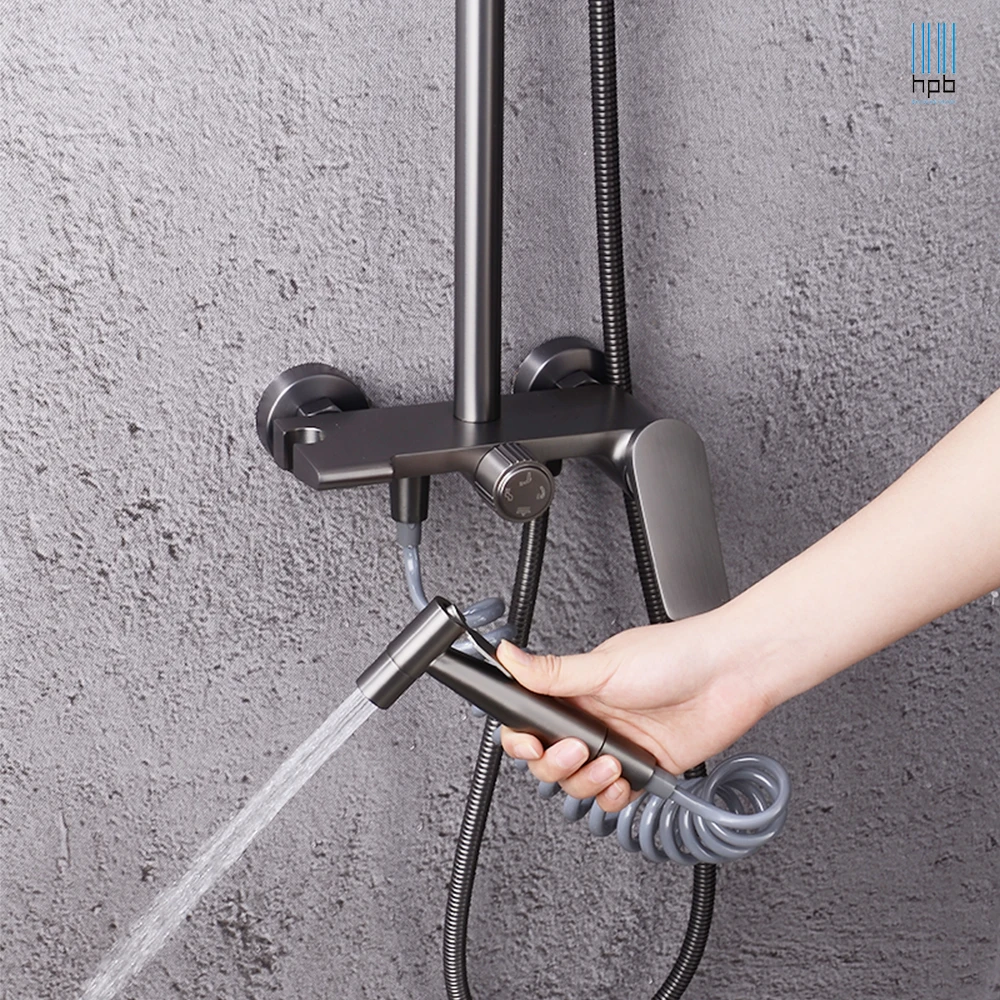 

Shower Room Faucet Exposed Rain Fall Shower Bath Faucet Wall Mounted Hot Cold Water Tap Set Brushed Gun Gray