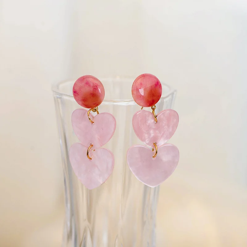 

New Fashion Temperament Simple Lovely Pink Long Heart Earrings For Women