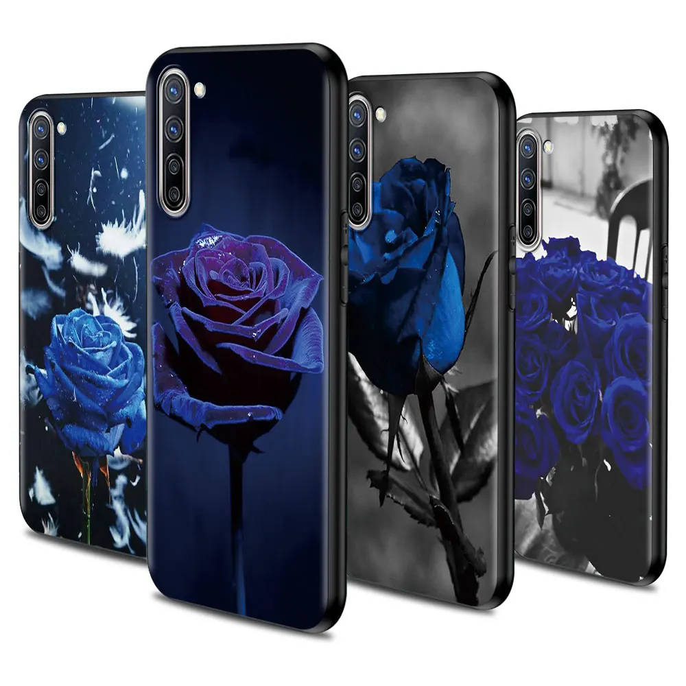 

Black Phone Case for Oppo A53 A52 A9 2020 Find X2 Lite Reno3 Reno4 Ace F11 Pro A94 A74 A55 A93 5G A7 Cover Blue Rose Flower Capa