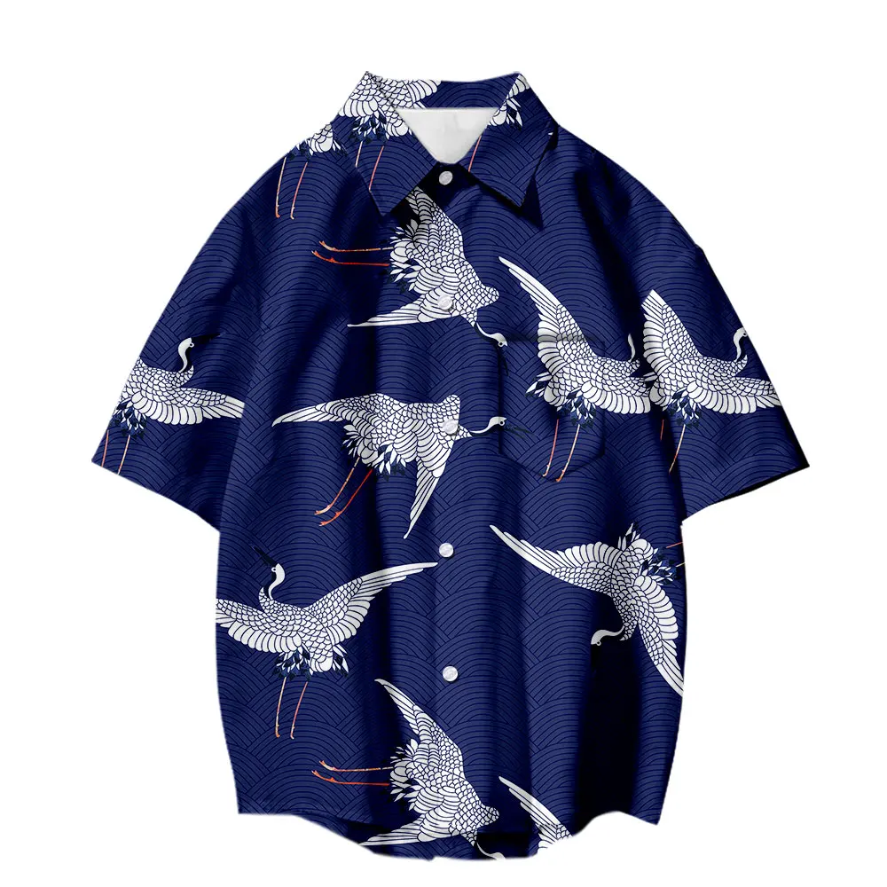 

Harajuku Fashion Short Sleeve Shirt Crane 3D Fish and Birds Print Cardigan Shirt Harajuku Women 3D Trendy Retro Streetwear Shirt