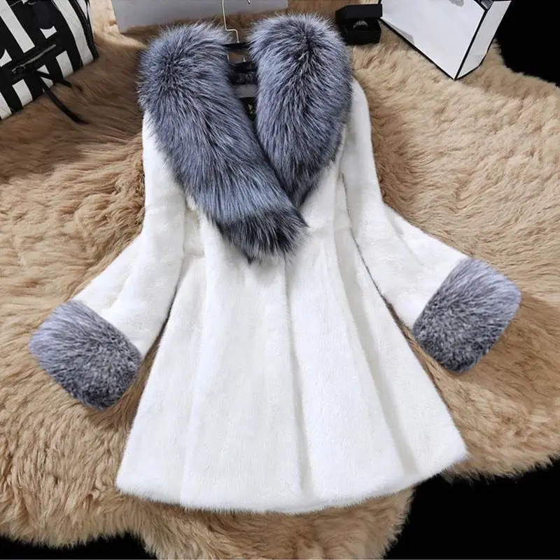 Thick V-Neck Casual Imitation Women Warm Faux Fox Fur Collar Hooded Rabbit Fur Coat Female Overcoat Coats Elegant Winter Jackets