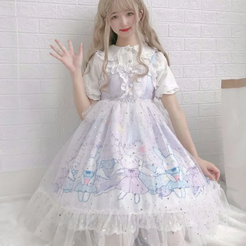 

Jsk Lolita Kawaii Dress Women Japanese Sweet Bunny Strap Dresses Cute Soft Girl Princess Bow Lace Kawaii Maiden Sleeveless Dress