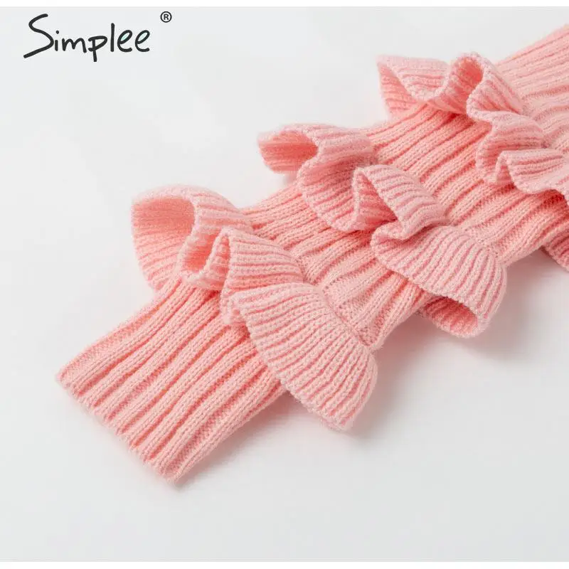 Simplee Ruffle crop pink sweater women Striped solid fashion ladies pullover tops Streetwear elegant female long sleeve jumpers | Женская