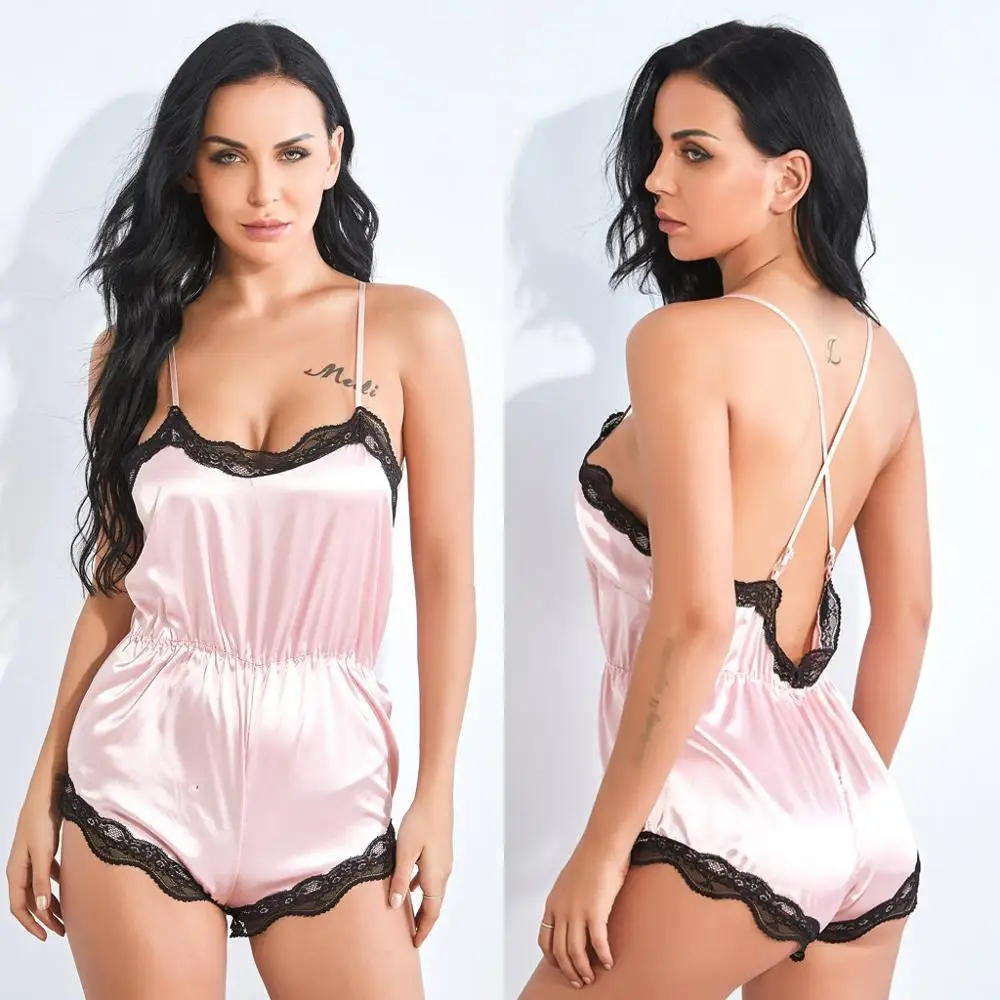 

2019 Sexy Women sleepwear Women V-Neck Lace Stain Lingerie Bodysuit Sleepwear Pajamas Silk Jumpsuit pink panther sexy gorset FDH