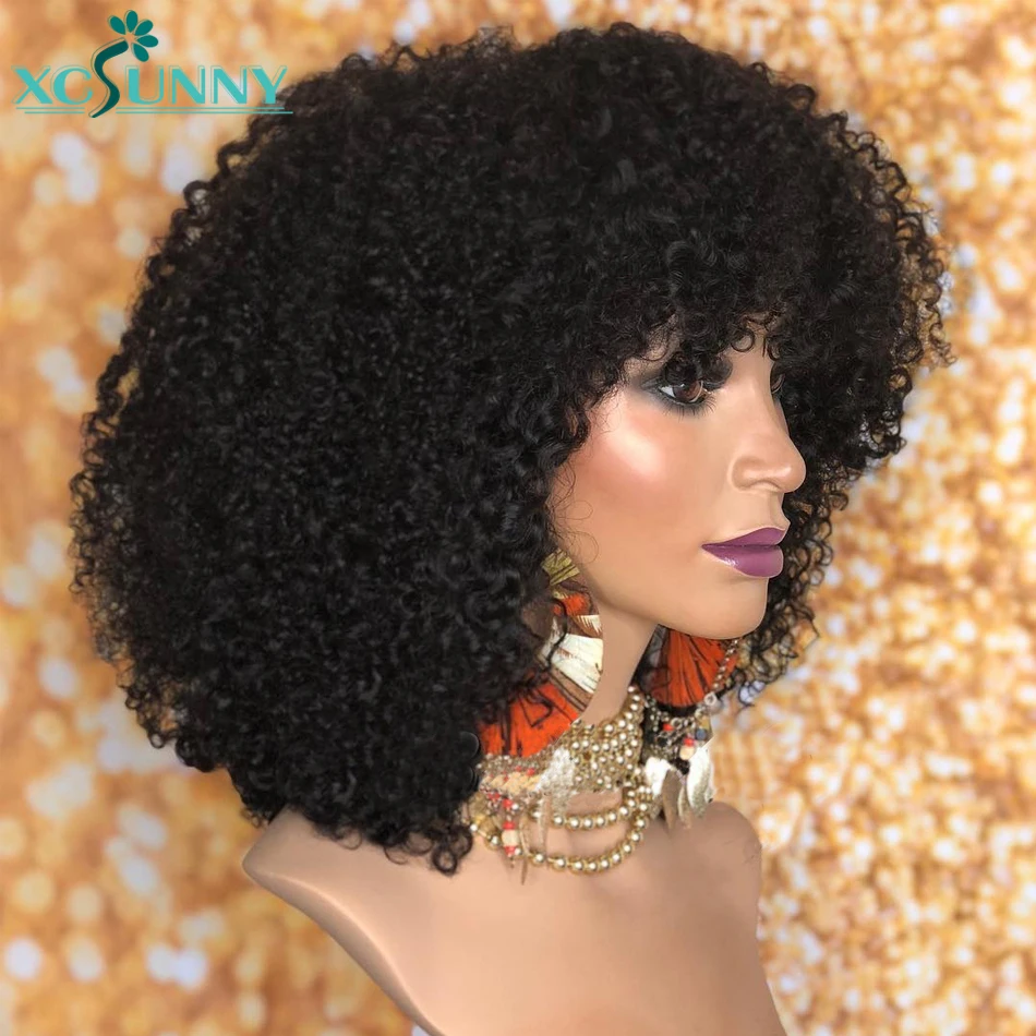 Афро кудрявый вьющийся парик парики из человеческих волос с челкой 200 плотность