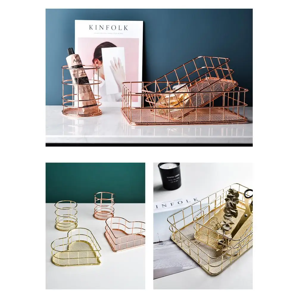 Железная корзина-органайзер для косметики в скандинавском стиле цвета розового