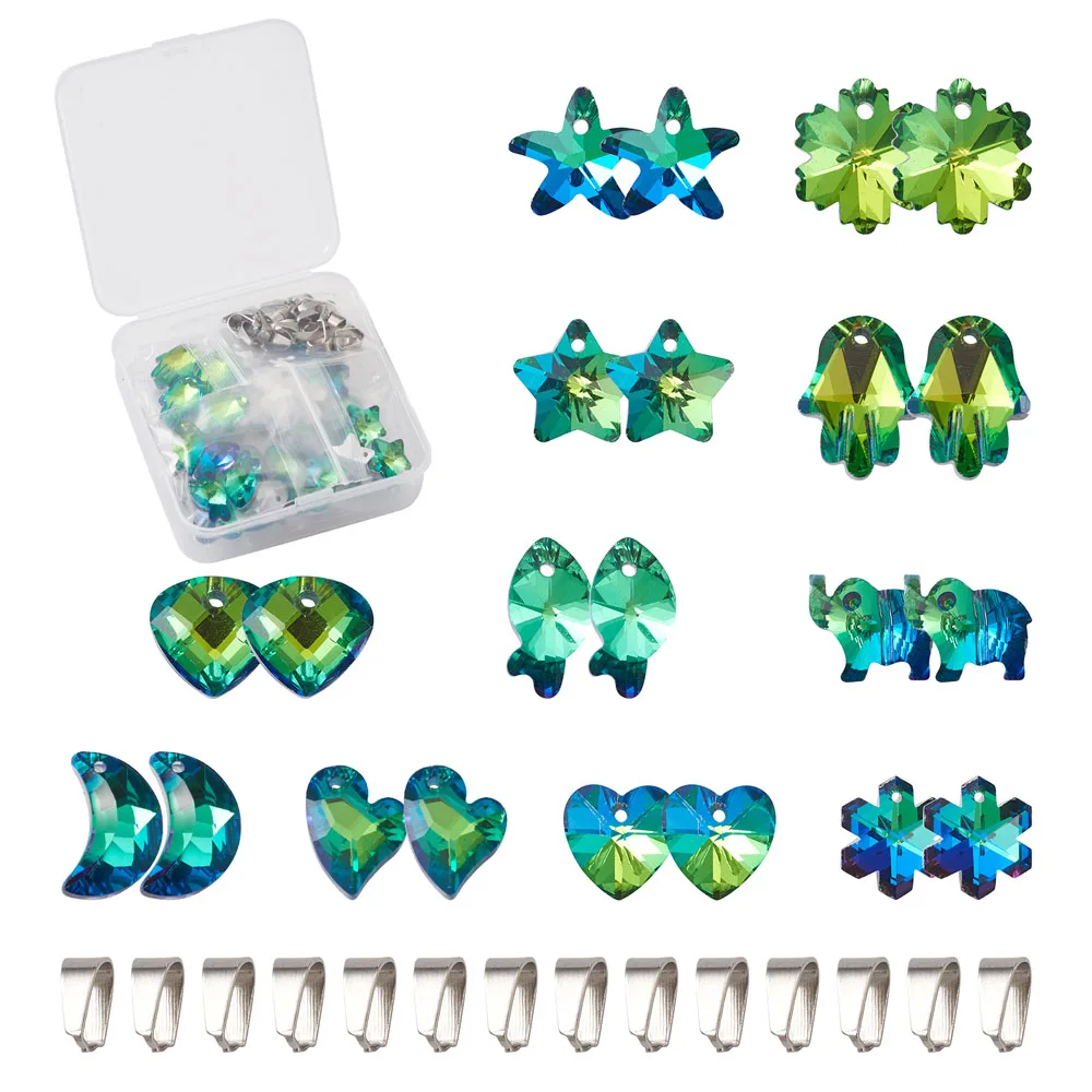 

44pcs Electroplate Faceted Glass Pendants Pointed Back & Back Plated Mixed Shapes with 304 Stainless Steel Snap on Bails Green