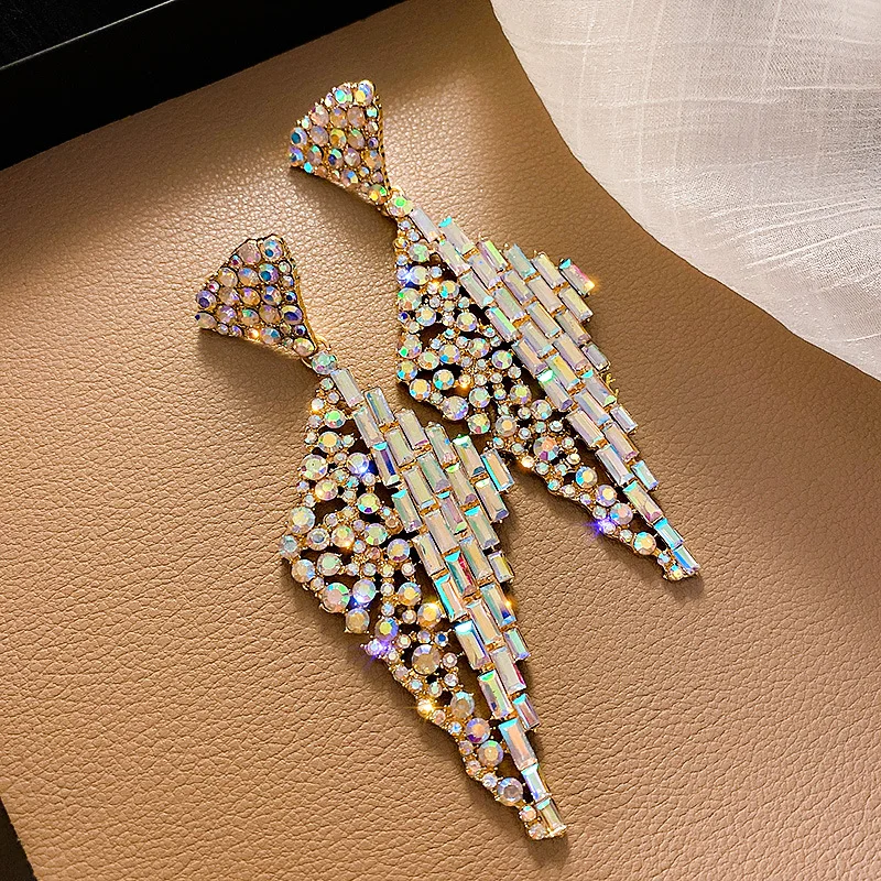 

925 Silver Needle European And American Exaggerated Geometry Diamond Earrings Ab Color Rhinestone Atmospheric Net Red E