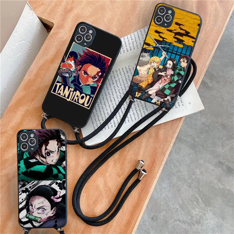

Demon Slayer Phone Case For iPhone 7 8 11 12 X XS XR MINI Pro Max Plus Strap Cord Chain Lanyard soft TPU shell funda coque