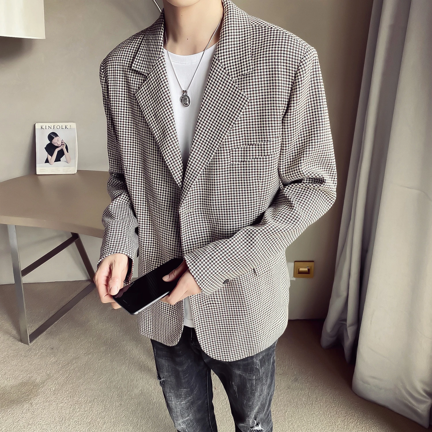Блейзер Мужской свободного покроя универсальный клетчатый пиджак уличная