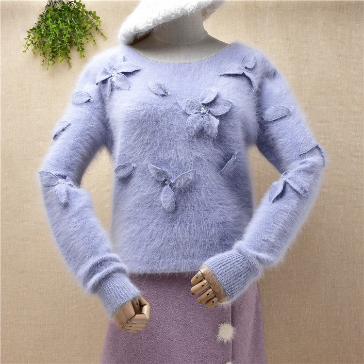

ladies women vintage angora rabbit hair knitted long sleeves flower embroidery slim blouses pullover winter underwear sweater