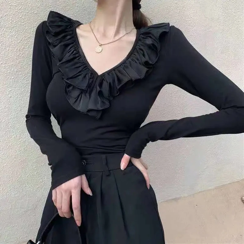 

Блузка Lucyever женская с оборками, пикантная приталенная рубашка с V-образным вырезом, базовая Базовая сорочка с длинным рукавом, весна 2022