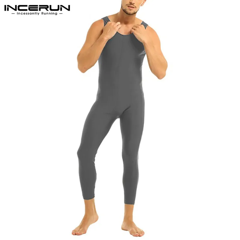 

Комбинезон мужской для фитнеса, пикантная ночная рубашка, одежда для сна, однотонный комбинезон без рукавов, с круглым вырезом, домашняя оде...