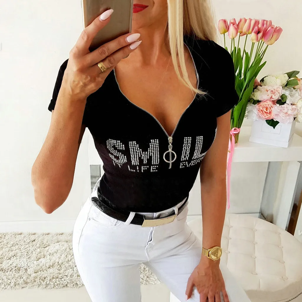 Женская футболка на молнии с глубоким V-образным вырезом 2020 Сексуальная коротким