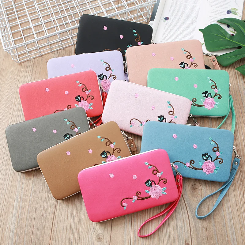 

Long Wallet Women's Box Bag Frosted Mobile Phone Bag Long Three Fold Hand Bags Fashion Cat Peony Embroidery Zero Wallet
