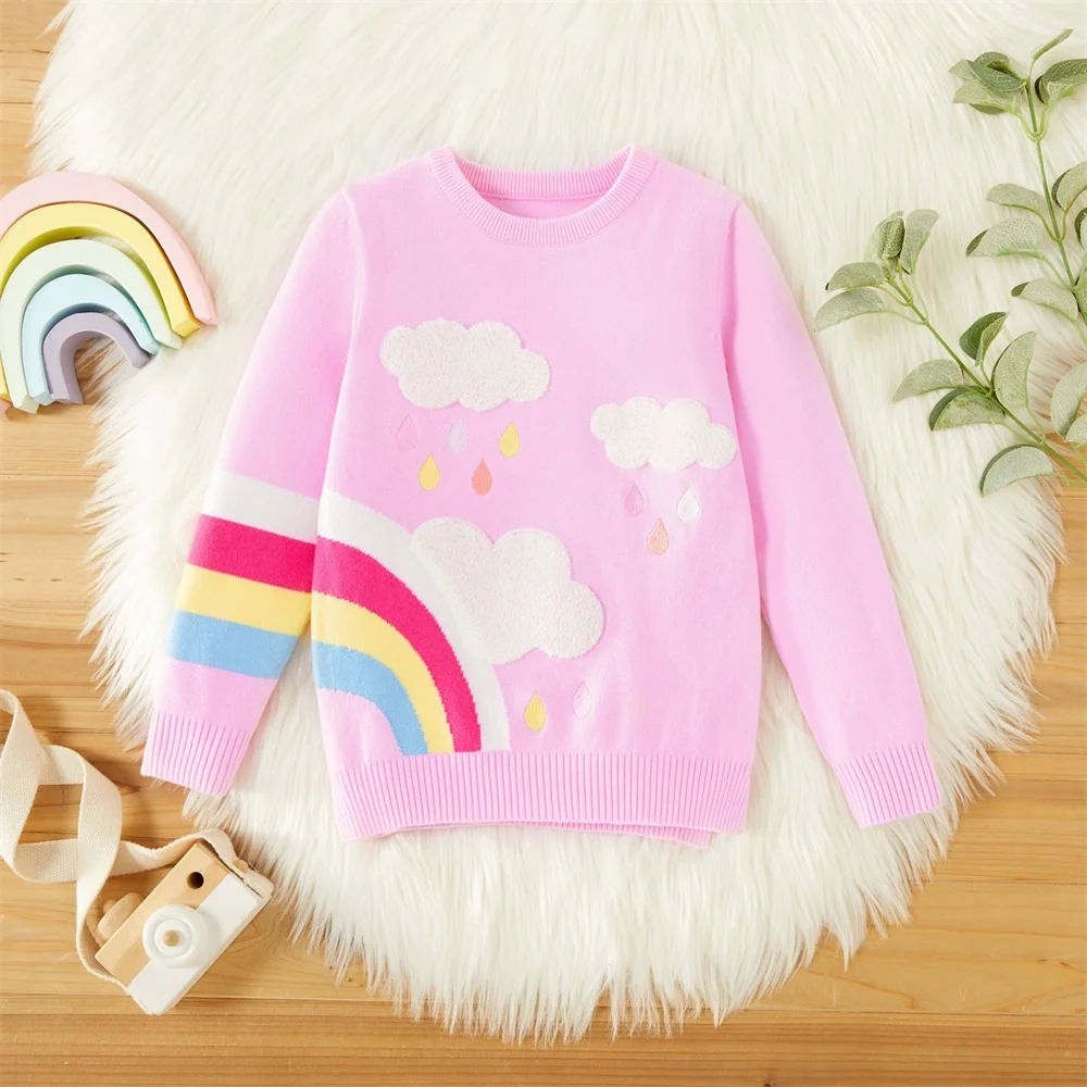 

2021 Toddler Girl Cloud Rainbow Embroidery Sweater Knitted Pullover
