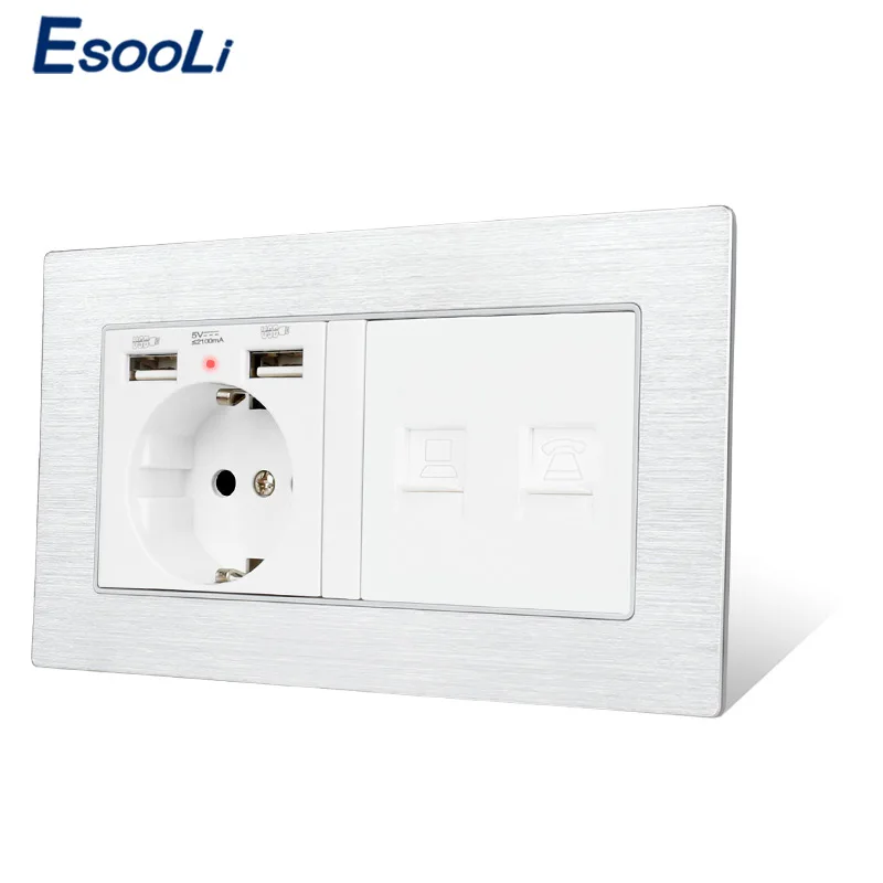 Алюминиевая металлическая панель Esooli стандарт ес usb-разъем enchufe с 2 USB-разъемами и