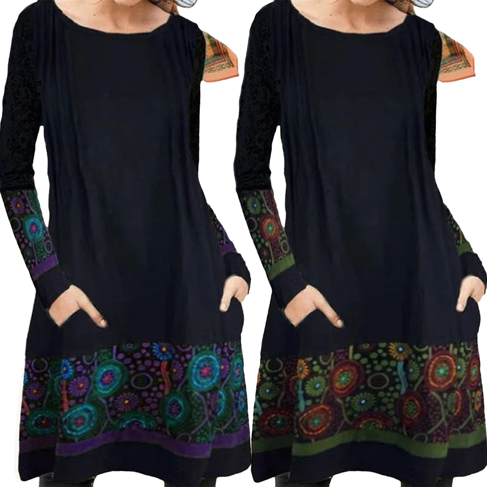 

Women Dress Patchwork Long Sleeve O Neck Dress Casual Dresses Loose Vestidos Mujer Pocket Retro Women Clothing