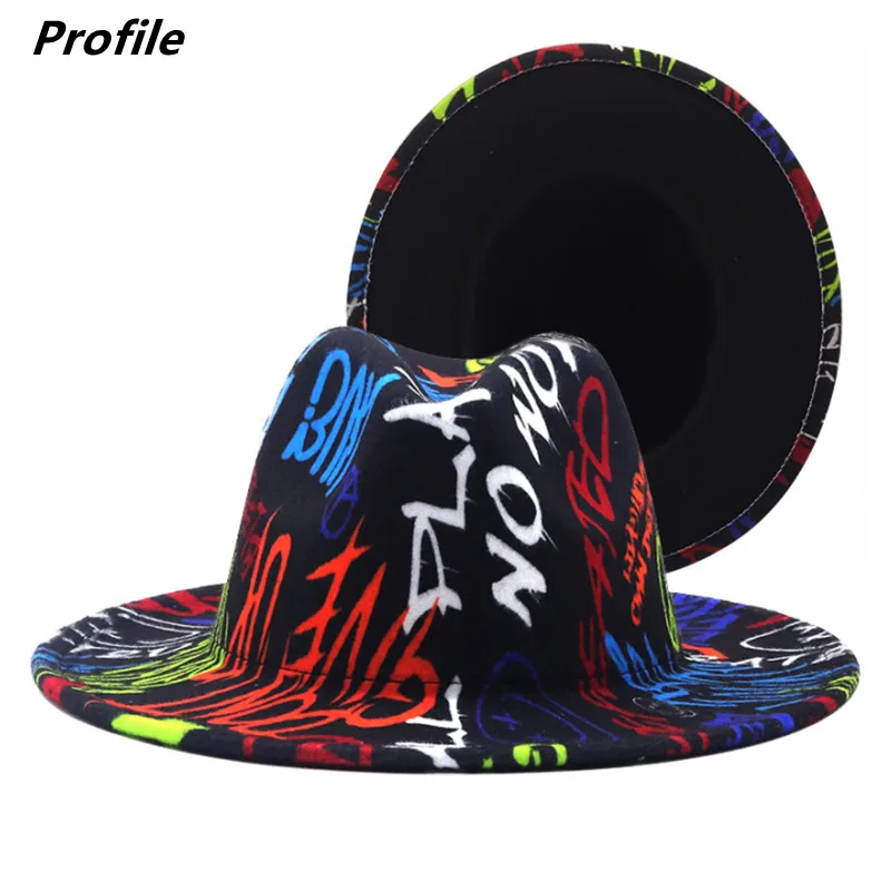 

Tie-dye fedora hat wholesale autumn and winter graffiti letters monochrome hat unisex hand-painted felt winter hat шляпа женская