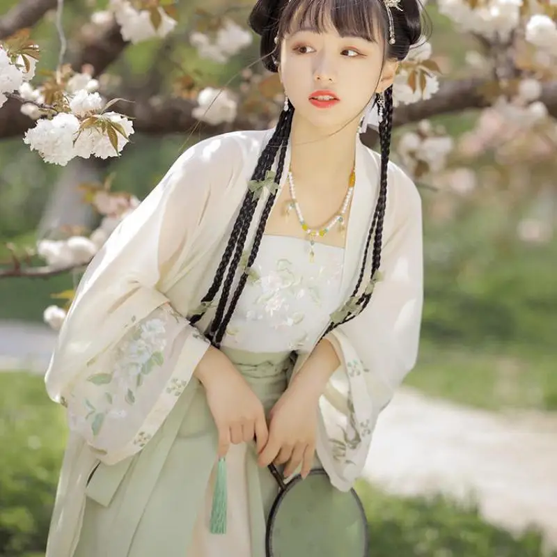 

Женский атласный костюм Hanfu, зеленая вышитая сценическая одежда для выступлений, длиной талии, с длинным рукавом, для танцев, новинка, костюм...