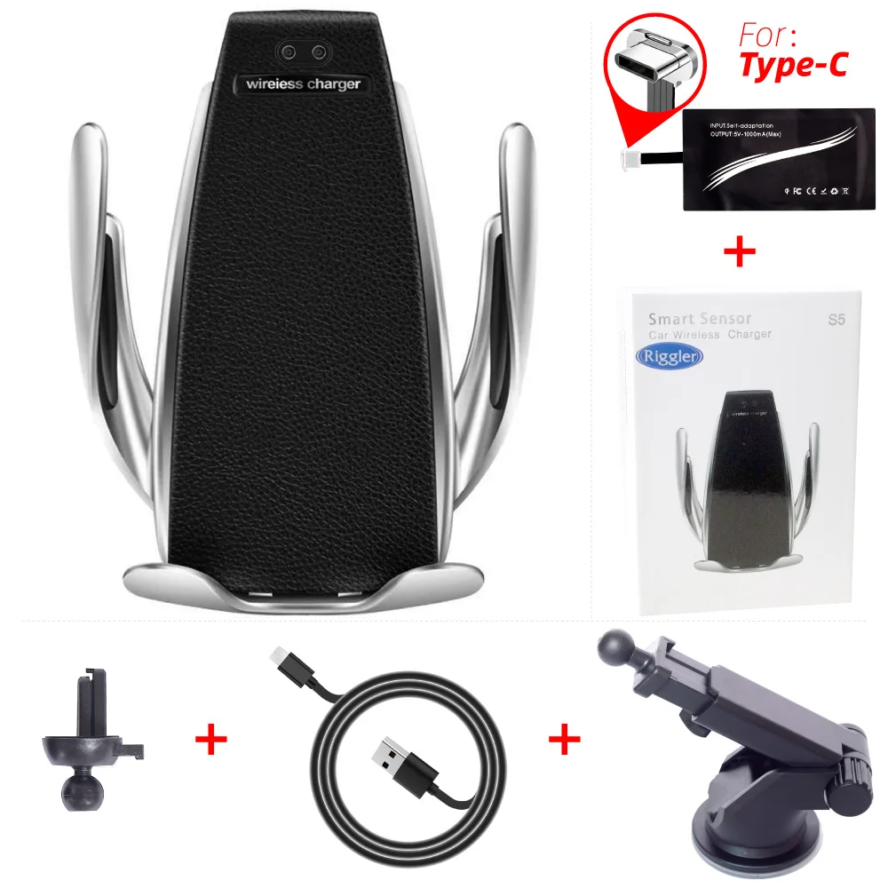 add holder for typeC Умный датчик S5 автомобильное крепление авто зажим Беспроводное зарядное устройство для iPhone XS XR samsung Note9 S10 S9 Qi 10 Вт быстрое зарядное устройство - Тип штекера: add holder for typeC