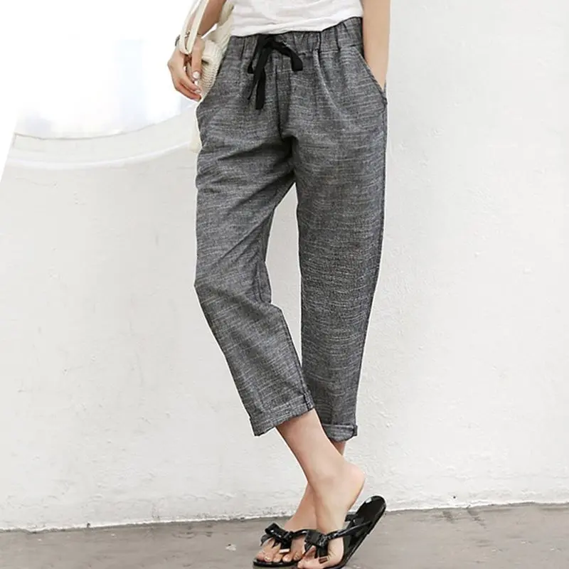 Женские повседневные льняные брюки серые свободные до щиколотки с высокой