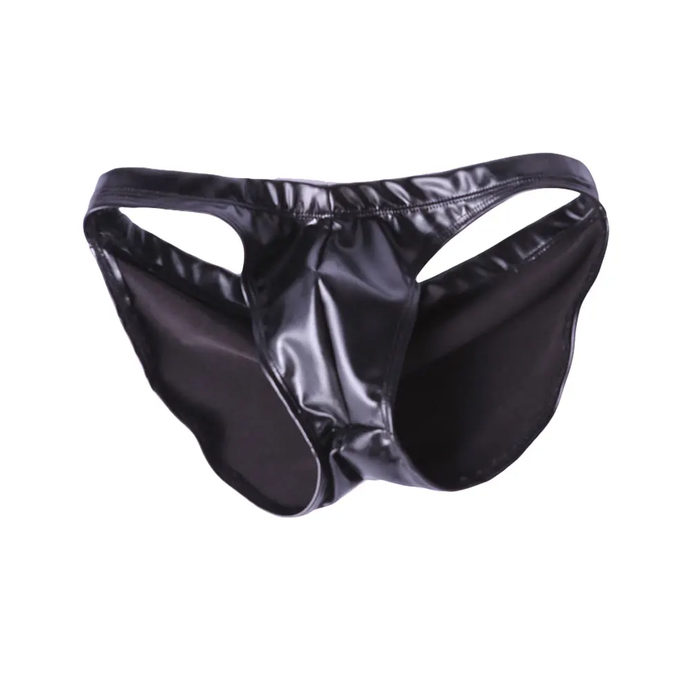 

Sexy Men Latex Oil Shiny U Convex Pouch Briefs Low-Rise G-string Shirring Crotch Thongs Bulge Micro Thong T-Back Plus Size F20