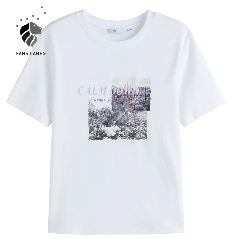 

FANSILANEN Office Lady100% Cotton Short Sleeved T-shirt White Women 2021 New Summer Loose Letter Printing Casual Round Neck Top