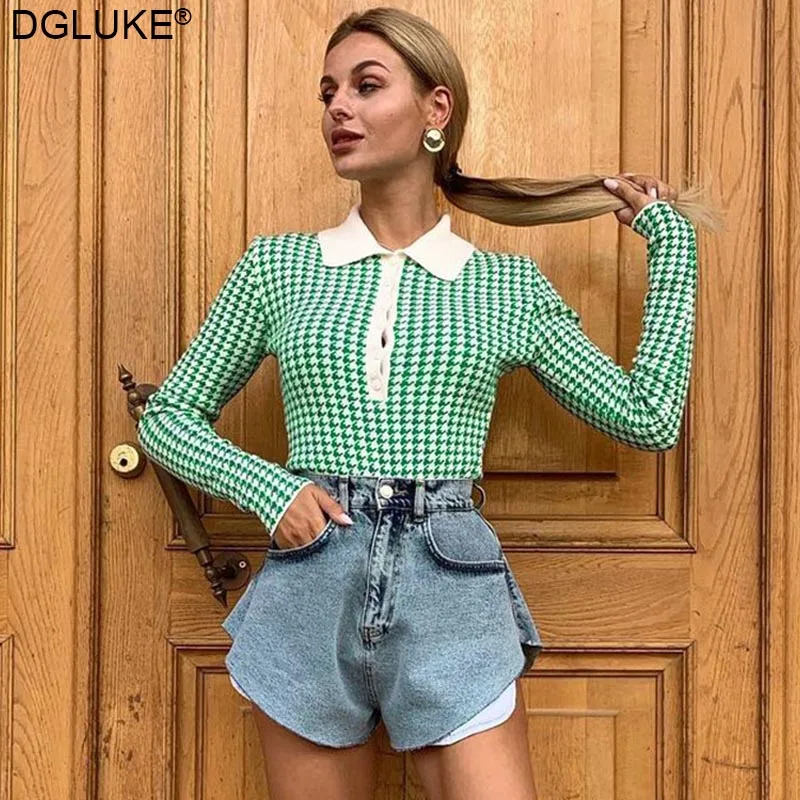 

Вязаный Топ с длинным рукавом, женский зеленый свитер «гусиная лапка», пуловер с отложным воротником, женский джемпер, осенняя вязаная руба...