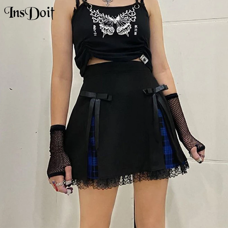 

InsDoit Mall Goth Black Lace Patchwork Mini Skirt Women Lace Up Vintage Summer High Waist Skirt Sexy Streetwear Aesthetic Skirts