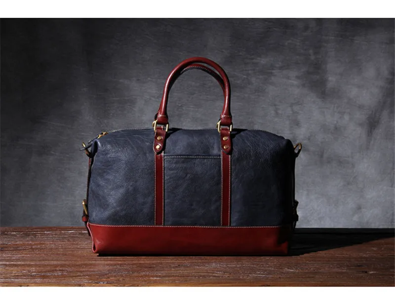 Simple casual natural real leather men's large-capacity travel bag retro manual designer business weekend duffel bag women