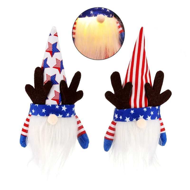 

2 Pcs Patriotic Gnome Memorial Day Dwarf Doll with Lights Cute Elf Shelf Tiered Tray Decorations Home Farmhouse Kitchen Decor Fe