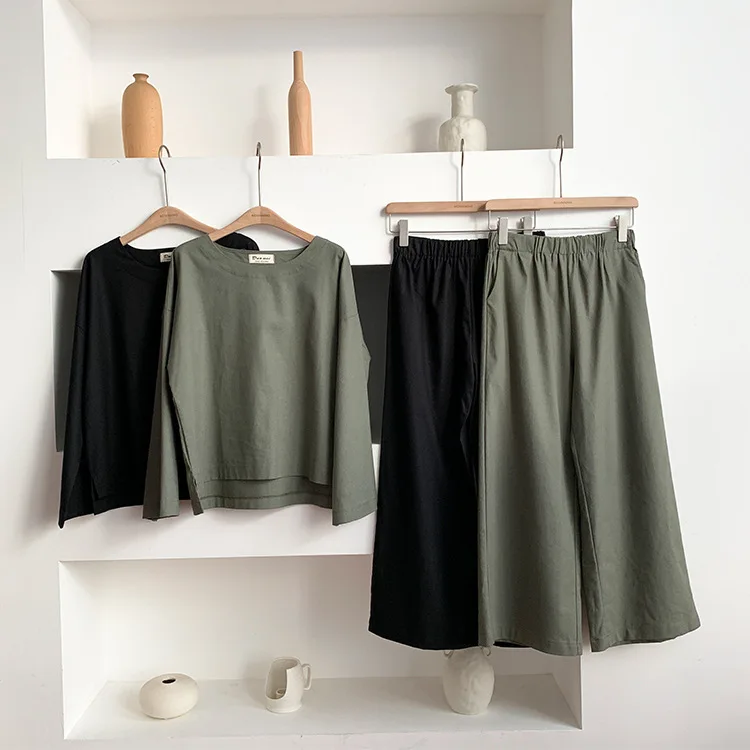 

outfits for women Korean Spring/Autumn Cotton Full Casual Loose Pullover O-Nec Elastic Waist two piece women clothes