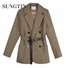 Женский винтажный клетчатый шерстяной пиджак Sungtin, повседневный офисный пиджак с поясом в Корейском стиле, свободного покроя, костюм для работы
