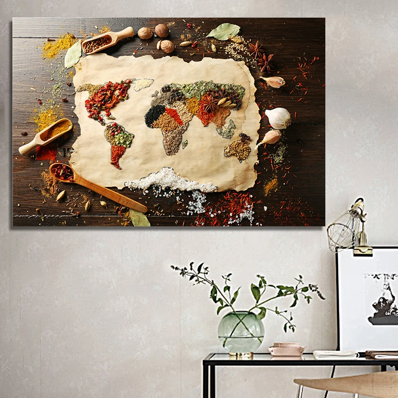 Гобелен с картой мира холщовые плакаты карточки различными специями дизайн едой