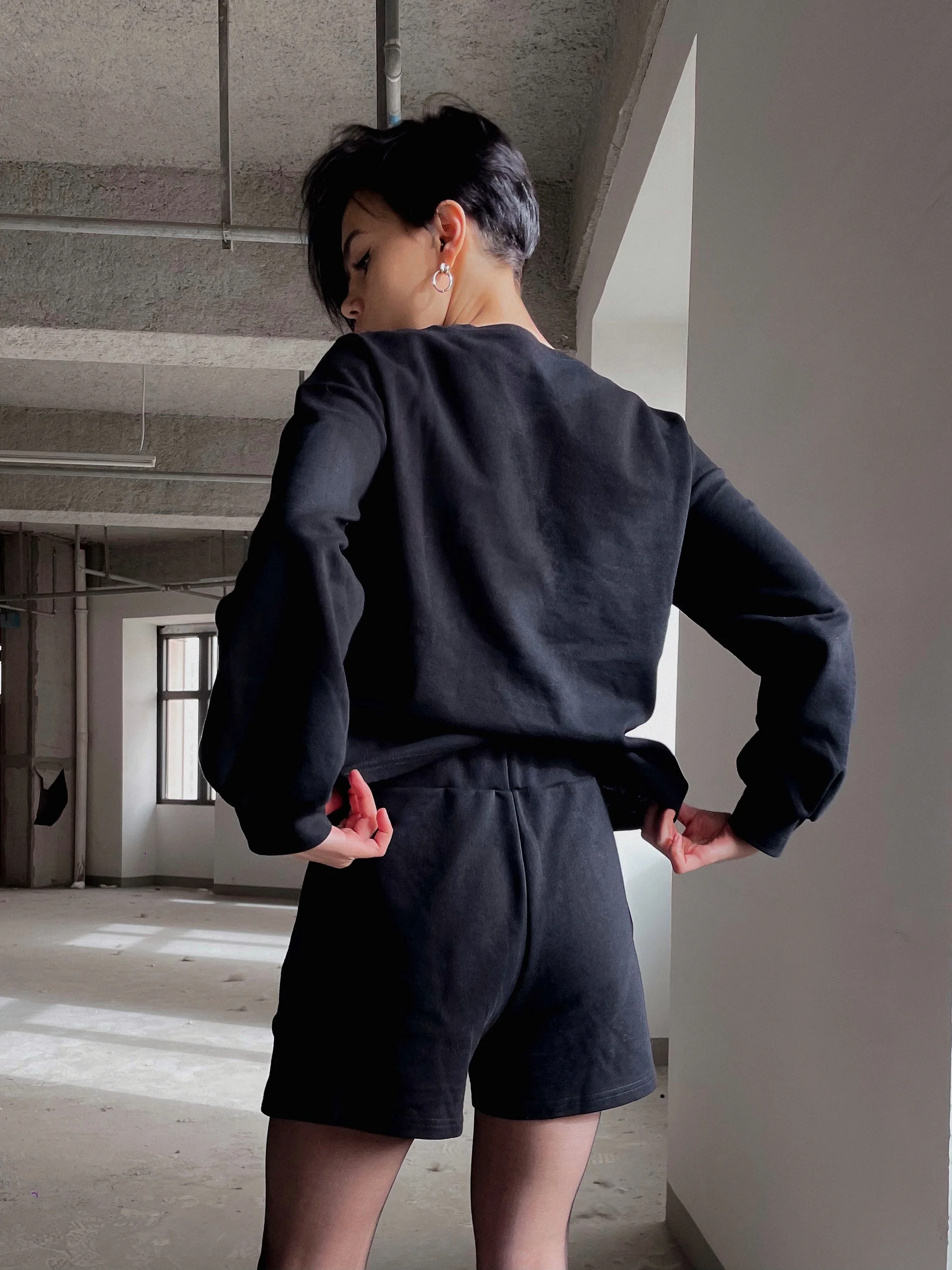 

Cotton basic solid set of two things: sweatshirt with long sleeves and shorts on an elastic band, fashion 2021