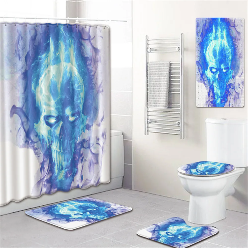 

Skull Bathroom Shower Curtain Mat Toilet Cover Mat Non-Slip Kitchen Pad Five-Piece Carpet shower curtain set bath mats rugs