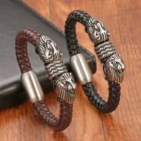 popular accessorie mens titanium steel lion head braided genuine leather bracelet with stainless magnetic clasps jewelry gift
